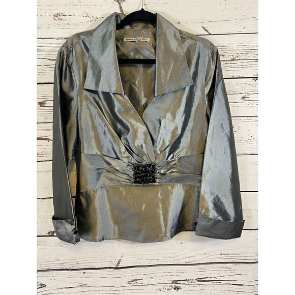 Signature by Larry Levine Silver Holiday Blouse Size Medium - Picture 1 of 7